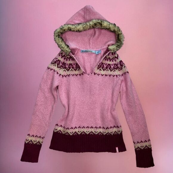 Mudd Y2K 2000s pink knit patterned sweater with fur hood🎀 - Picture 4 of 8